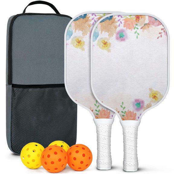 Pickleball Paddles Set Of 2, Fiberglass Surface, Spring Flowers Floral Print, 4 Balls & Bag