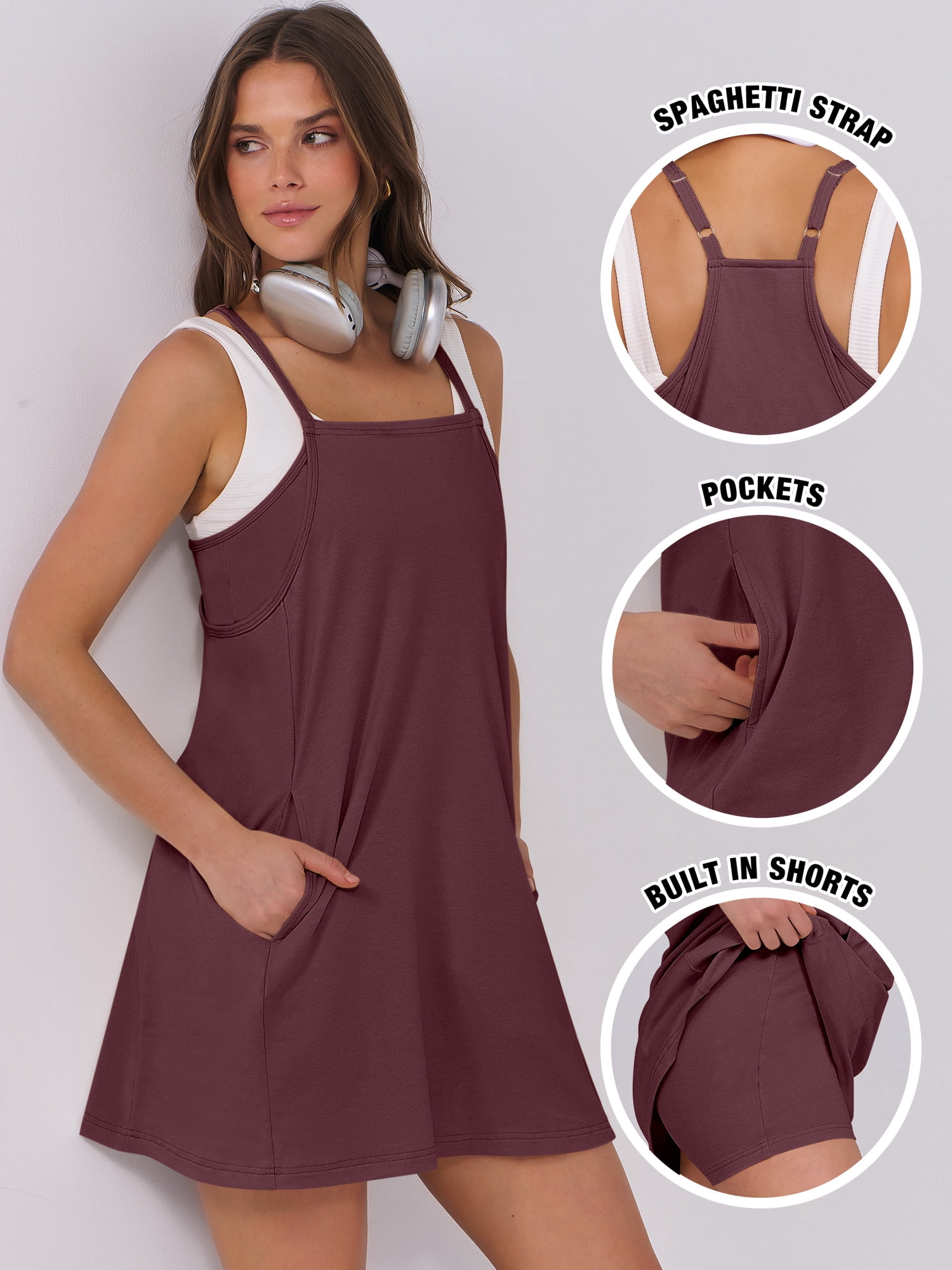 ANRABESS Women's Athletic Dress with Built in Shorts Spaghetti Strap Mini Romper Dress with Pockets, Summer Tennis Workout Dress
