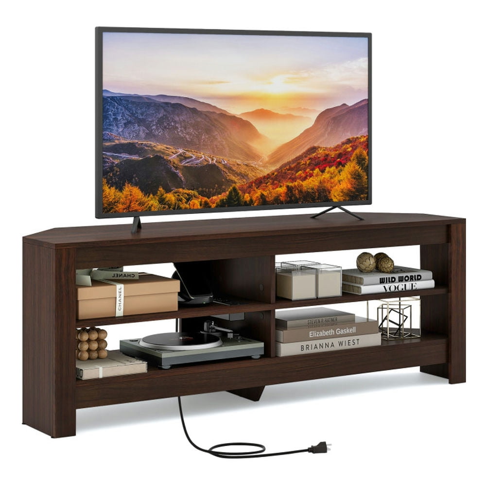 Finihen TV Stand, Entertainment Center, Corner TV Stand with Power Outlet and 4 Open Storage Shelves, for Living Room, Brown