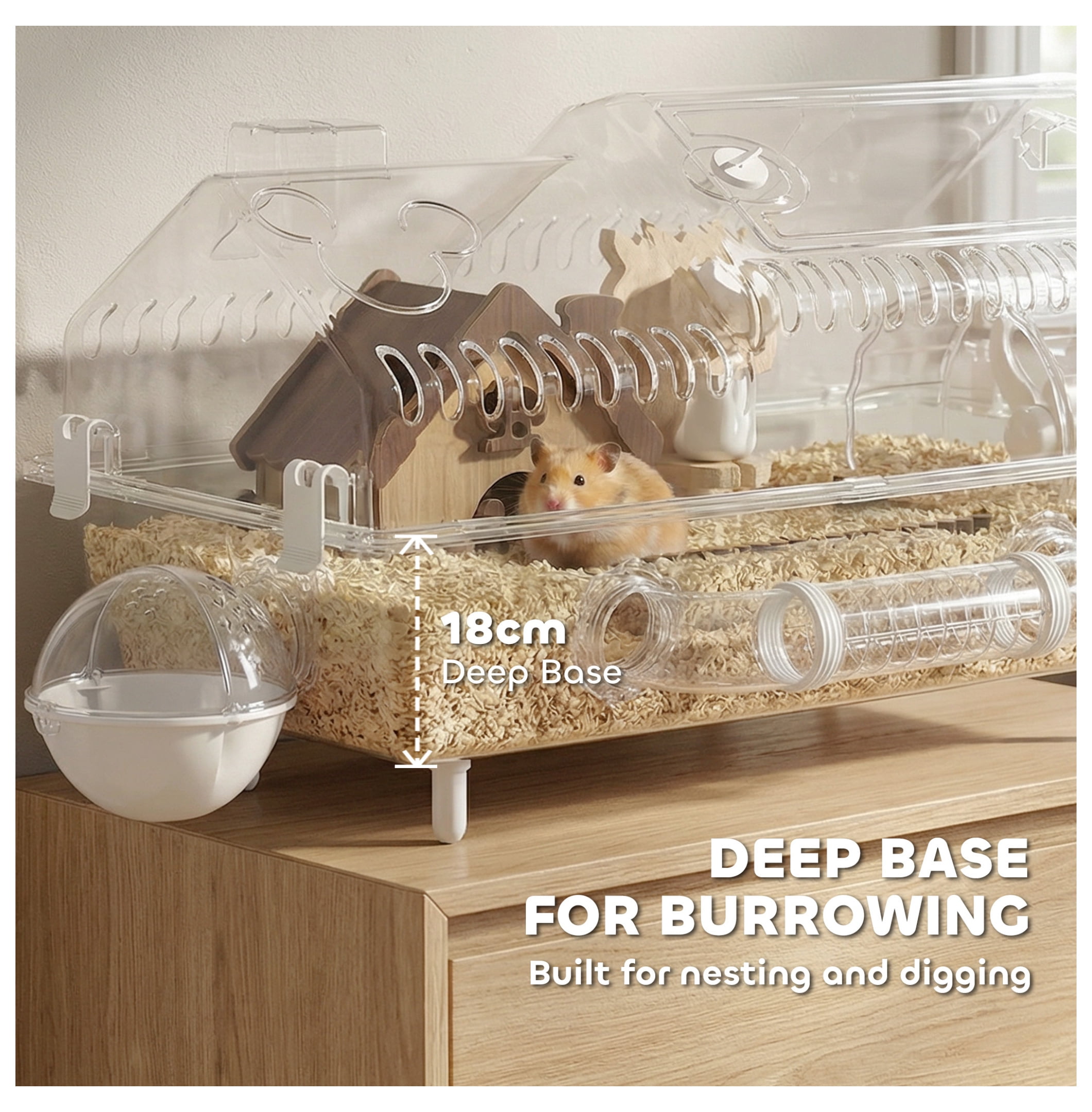 Hamster Cage with Wheel & Hideout, Small Animal Habitat, Clear Pet House, 21.5" x 11.8" x 12.6", Villa Design for Gerbils & Dwarf Hamsters