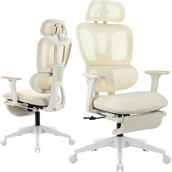 Ergonomic Office Chair with Footrest, High Back Mesh Desk Chair with Adjustable Headrest & Armrests, 90°-135° Reclining Computer Chair with Lumbar Support and Rocking Function, Off-White