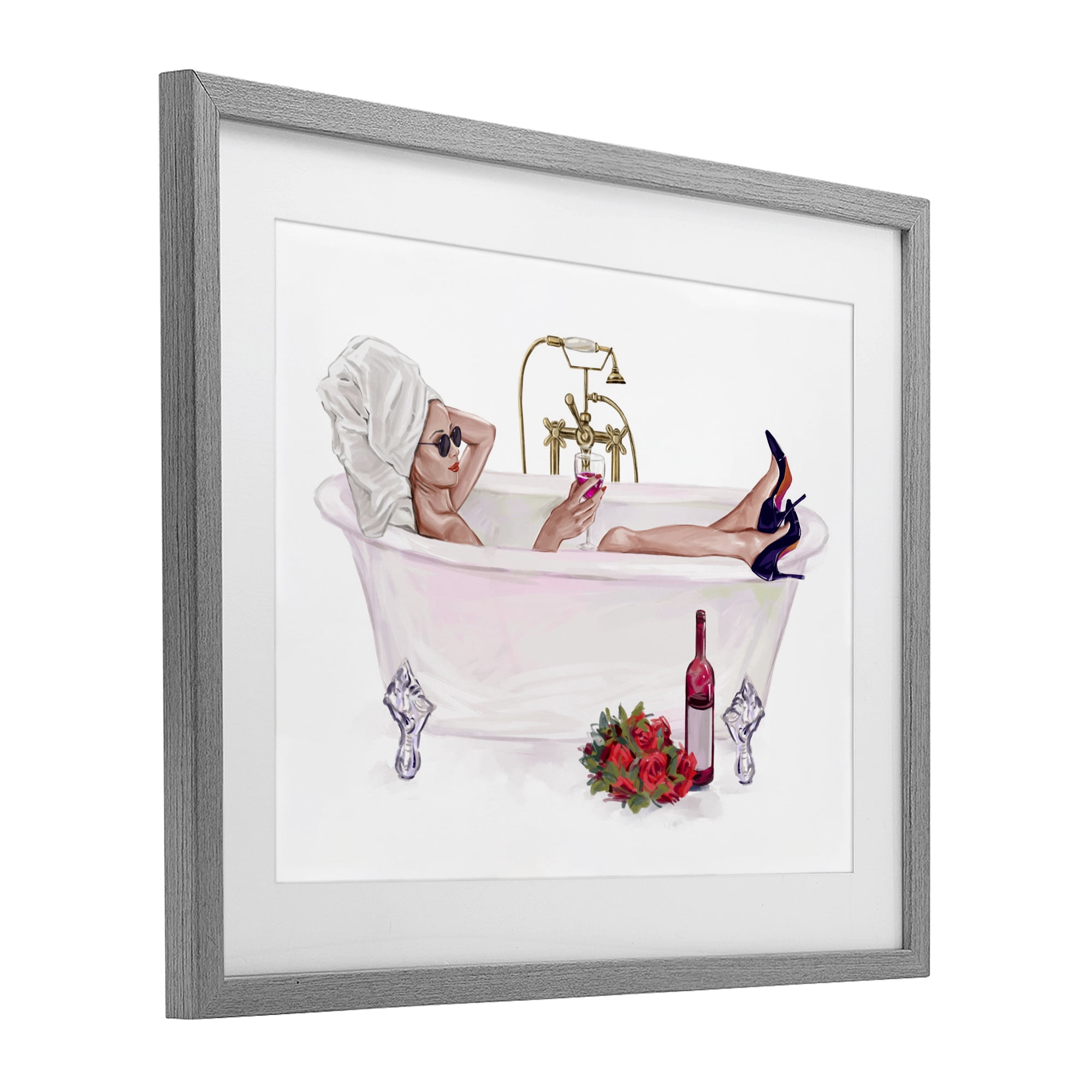Woman with Wine Bath Gray Framed Print Under Glass, design by Ziwei Li