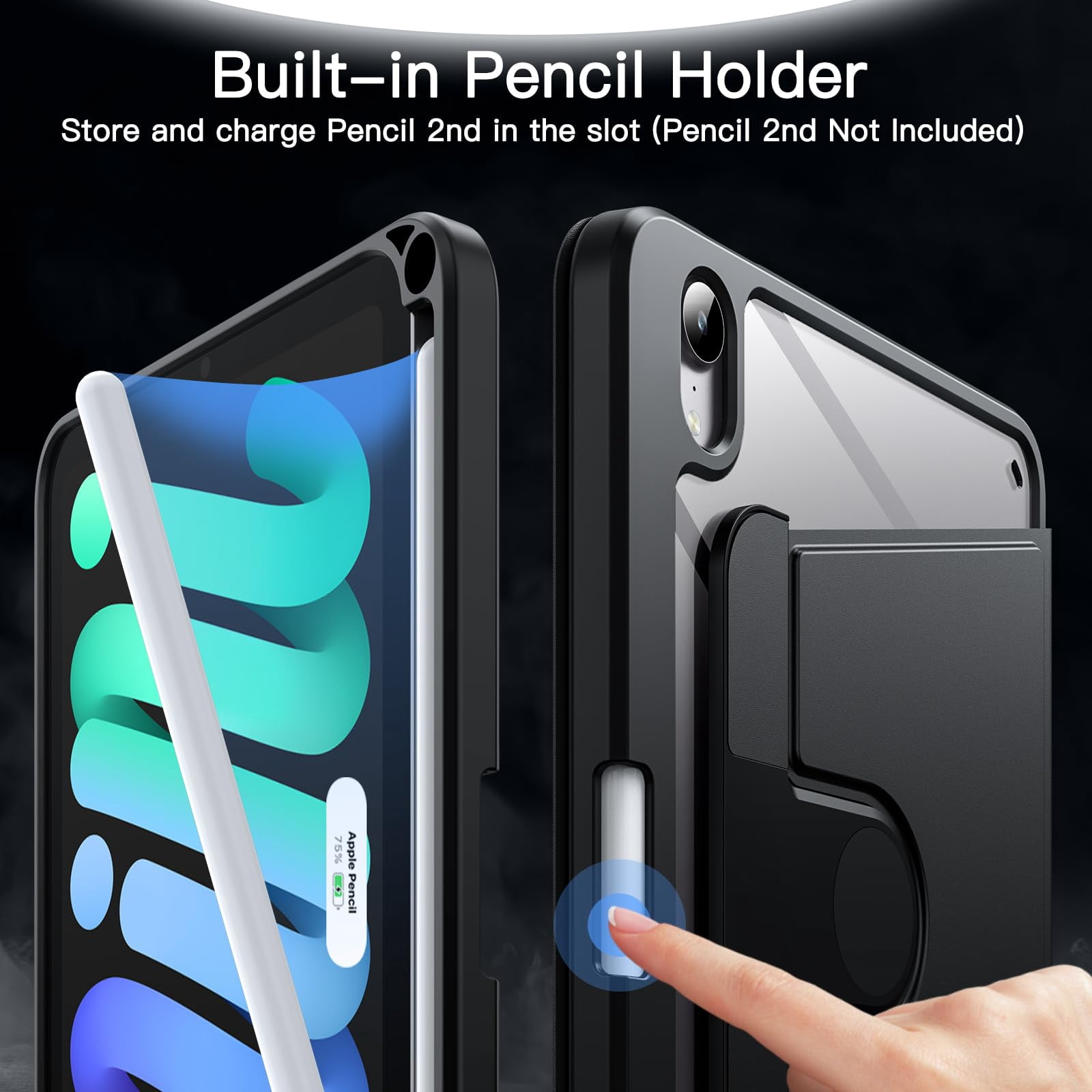 JETech Rotating Case for iPad mini (A17 Pro, 2024 Model, 7th Generation) / mini 6 (2021 Model, 6th Generation) with Pencil Holder, 360 Degree Rotation Protective Stand Cover Clear Back (Black)