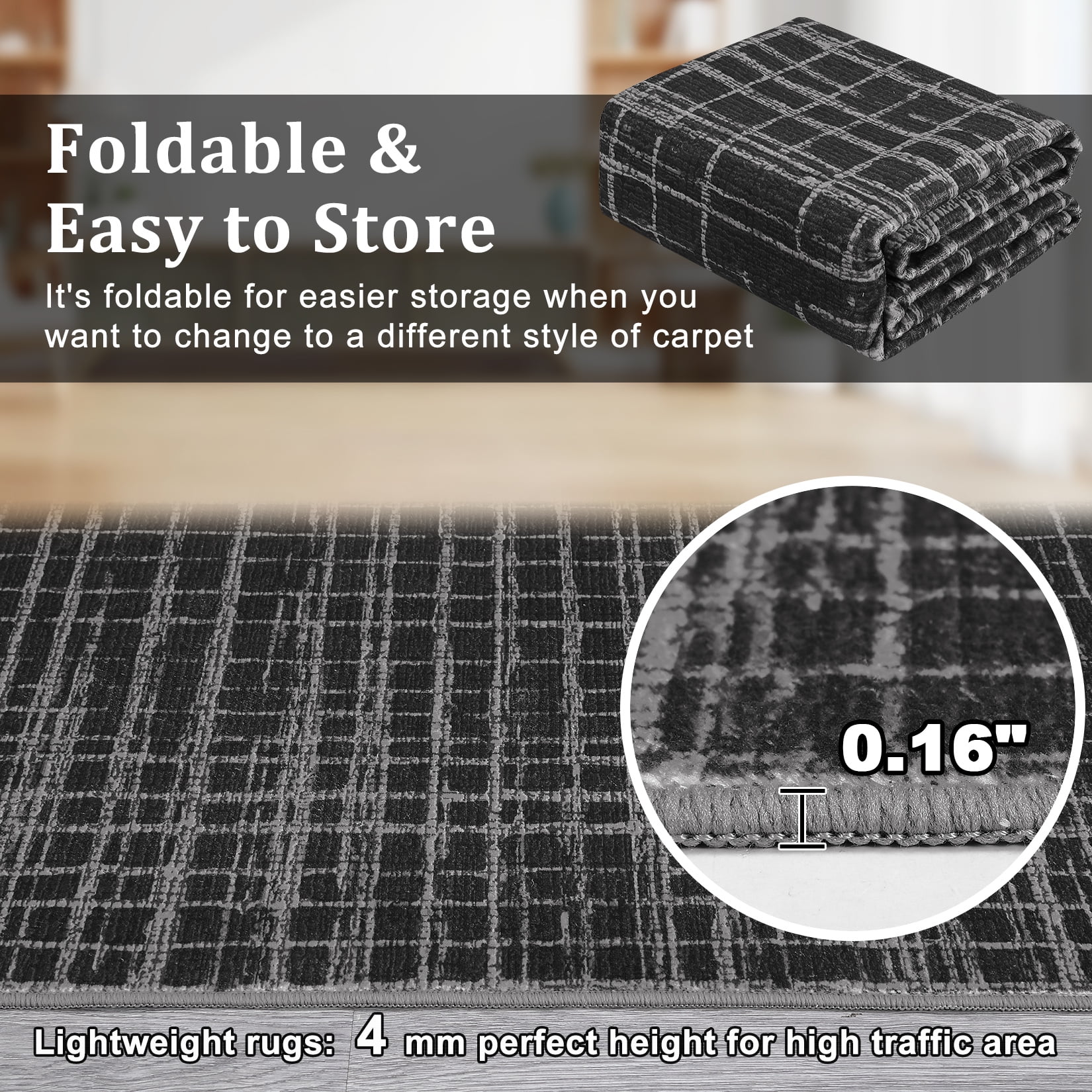 Hasoo 2' x 6' Runner Rug for Hallway Modern Geometric Grid Pattern Premium Polyester Enterway Carpet Black