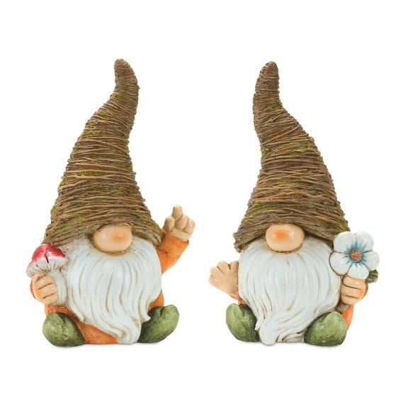 Garden Gnome Statues Set of 2 - Distressed Outdoor Decor with Mushroom Flower