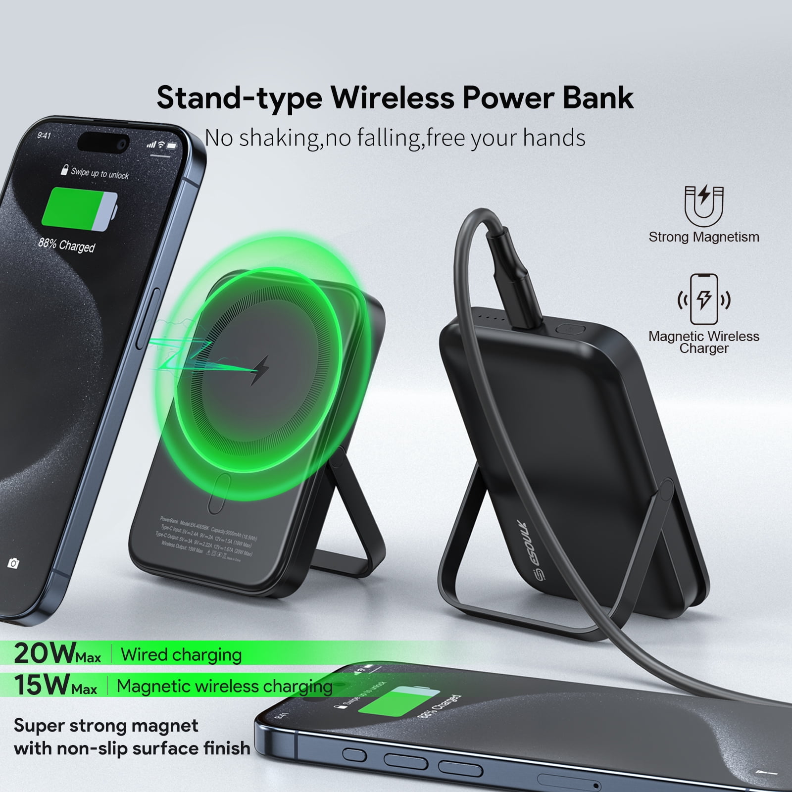 MagSafe Compatible 5000mAh Magnetic Wireless Power Bank with Kickstand - Black