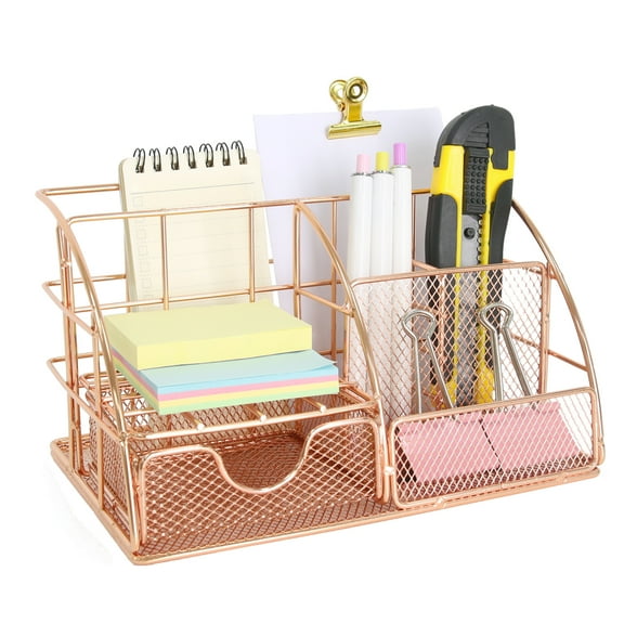 Rose Gold Desktop Organizer - Metal File Holder & Office Supply Rack - Multifunctional Storage for Stationery, Mail, Cosmetics - Compact Design for Home Office & Workspace