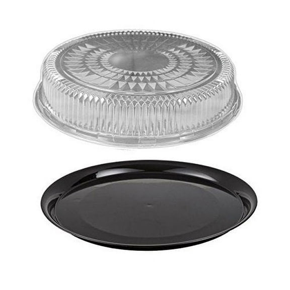 Durable Packaging 12" Black Round Flat Disposable Catering Party Tray Food Platter  Clear Dome Lid (pack of 10)