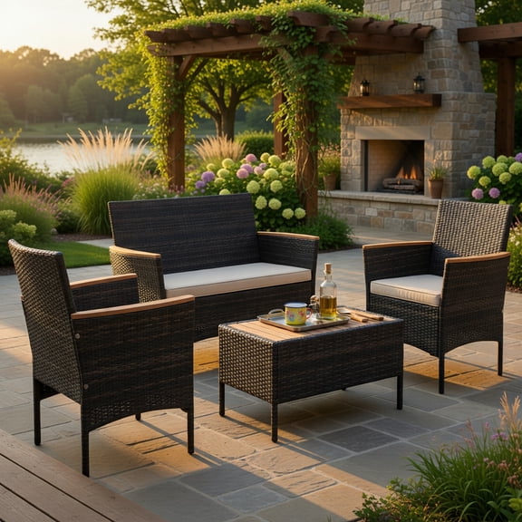 GVN Backyard Furniture Sets,Outdoor Furniture Sets,4 Piece Patio Wicker Sofa Set 2 Rattan Chairs and Loveseat with Table-Brown