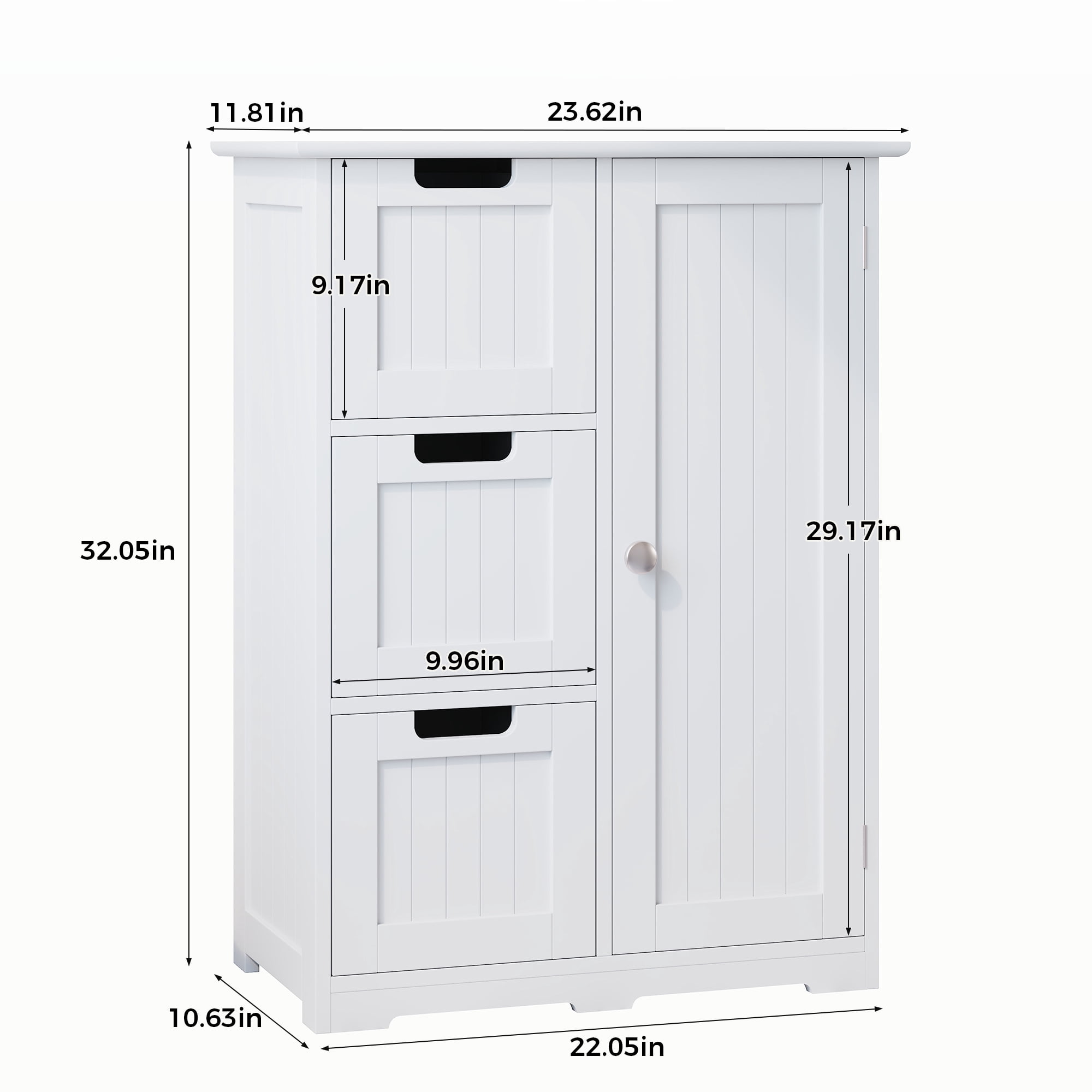 edx Bathroom Floor Cabinet, Wooden Storage Cabinet with 3 Drawers and a Cupboard, Freestanding Cupboard for Bathroom, Living Room, Office, White