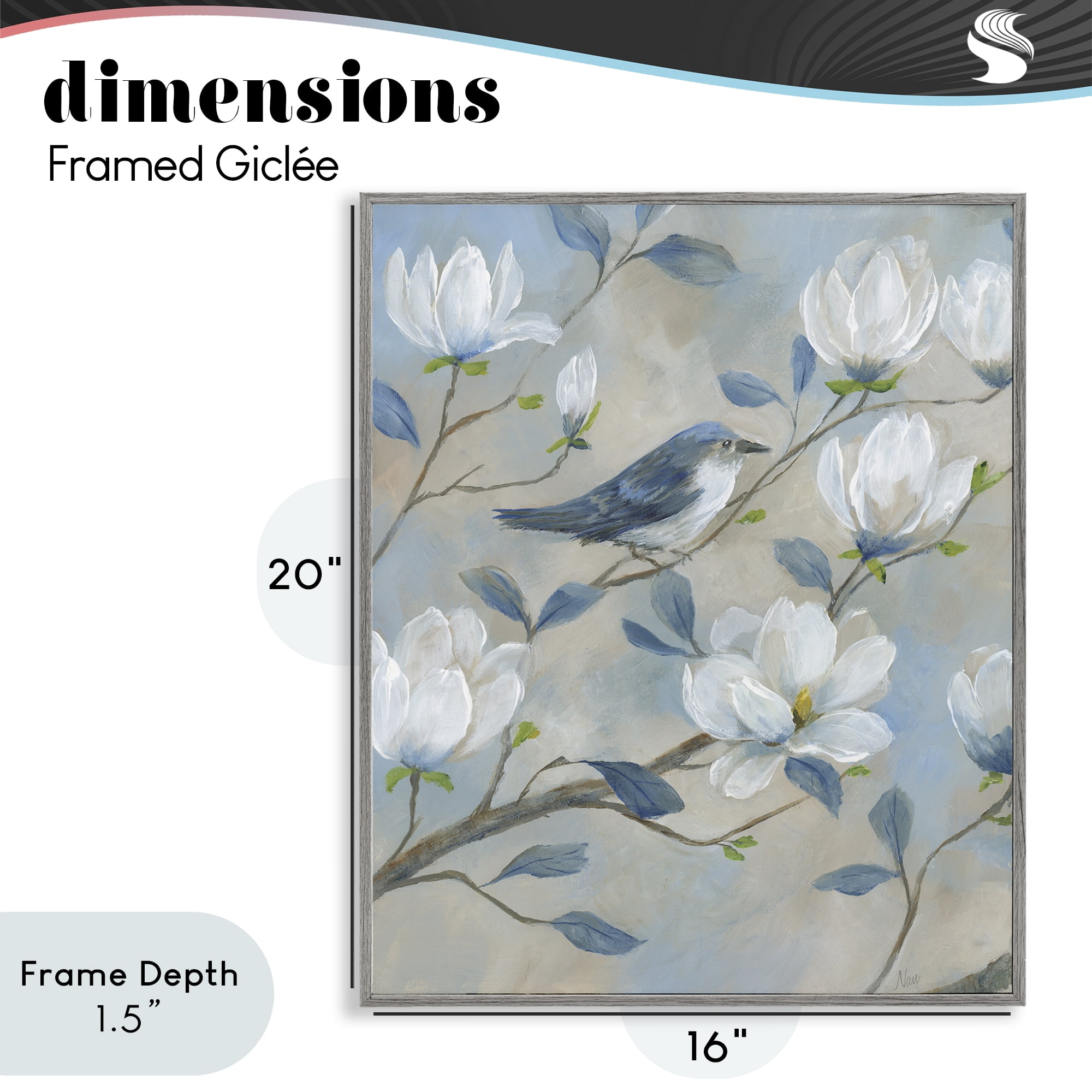 Stupell Industries Blue Bird & Magnolia Gray Framed Giclee Art, design by Nan