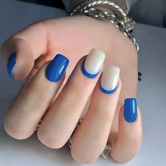 RAGUPEL Press on Nails Short, Glue on Nails Coffin with Blue French Tips Solid Color Glossy Reusable Fake Nails Acrylic 24 Pieces