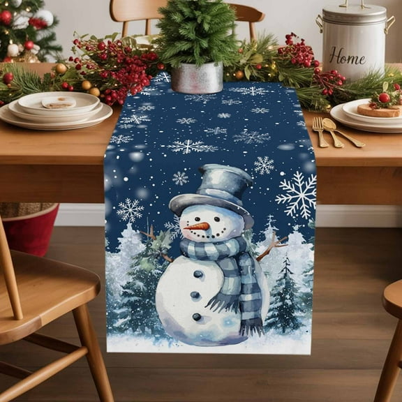Christmas Snowman Cotton Linen Table Runner Winter Tree Snowflakes Deep Blue White Dining Table Runners for Home Decor Party Dining Room Restaurant Kitchen Party 13" x 90"