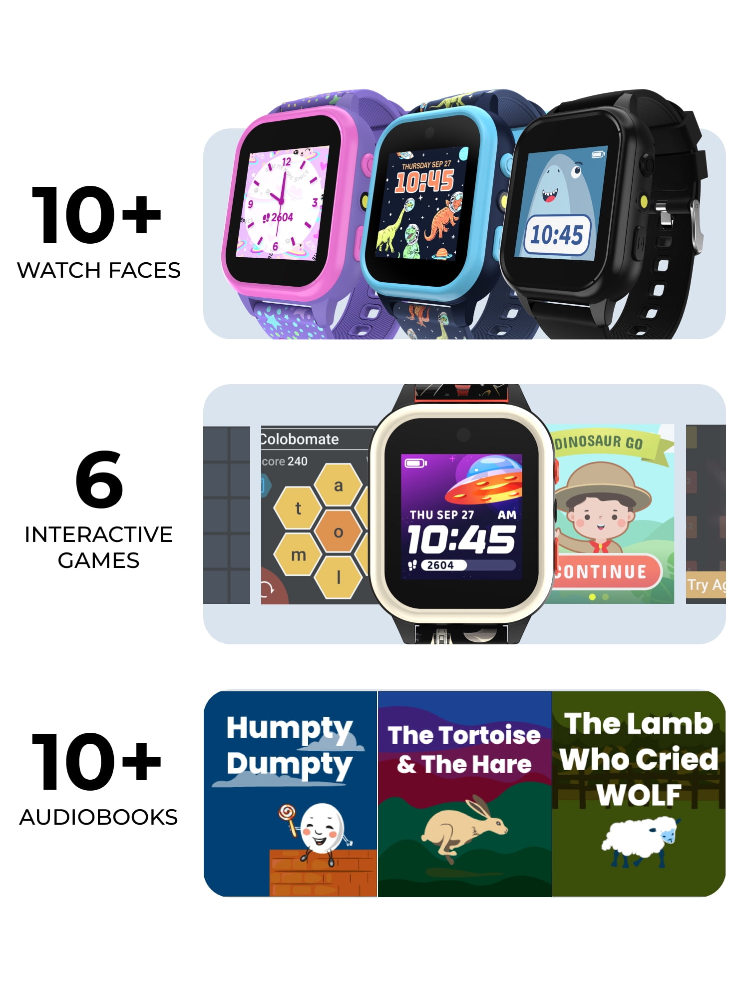 iTech Jr. 4 Kids Boys' Smartwatch with Camera, Audiobooks, and Games – Gray Case with Black Space Pattern Strap