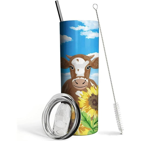 Cow Tumbler, Sunflower Tumbler -Cow Gifts for Women -Insulated Cute Cow Cup, Skinny Tumbler, Coffee Travel Mug, Water Bottle- Birthday Sunflower Gifts for Women Mom- Cow Print Stuff, Decor(20 Oz)