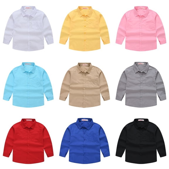 Godderr Boys Girls Long Sleeve Dress Shirt Toddler Kids Solid Color Top Button Casual Shirt for 4-12th