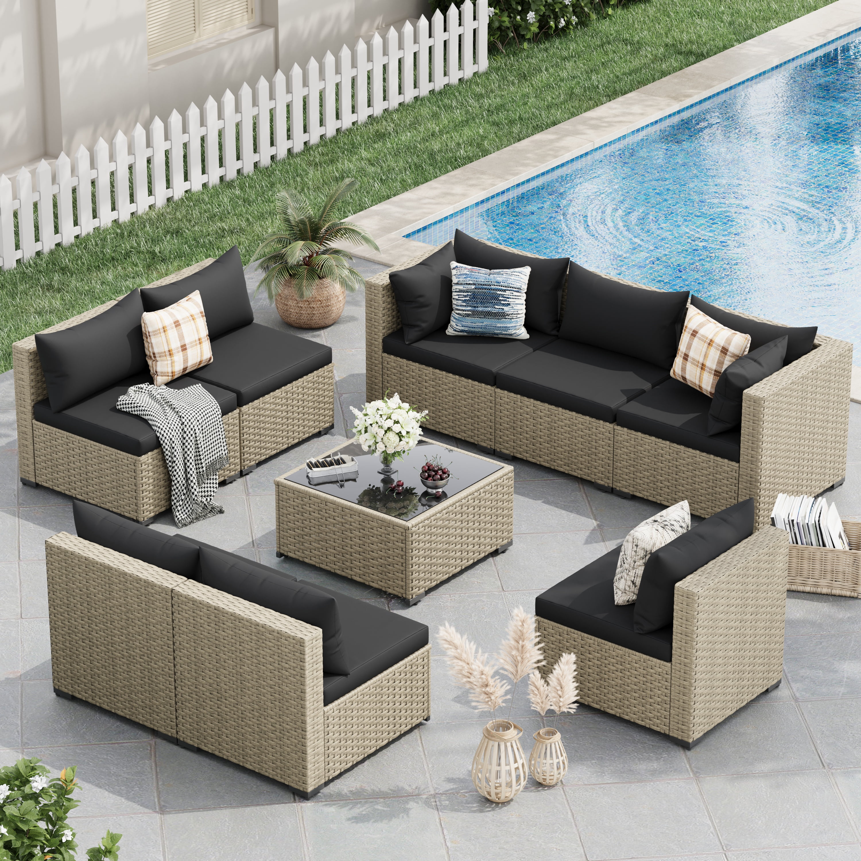 POTEBAN 9 PE Resin Weatherproof Outdoor Conversation Sets with Chairs and Table, Black