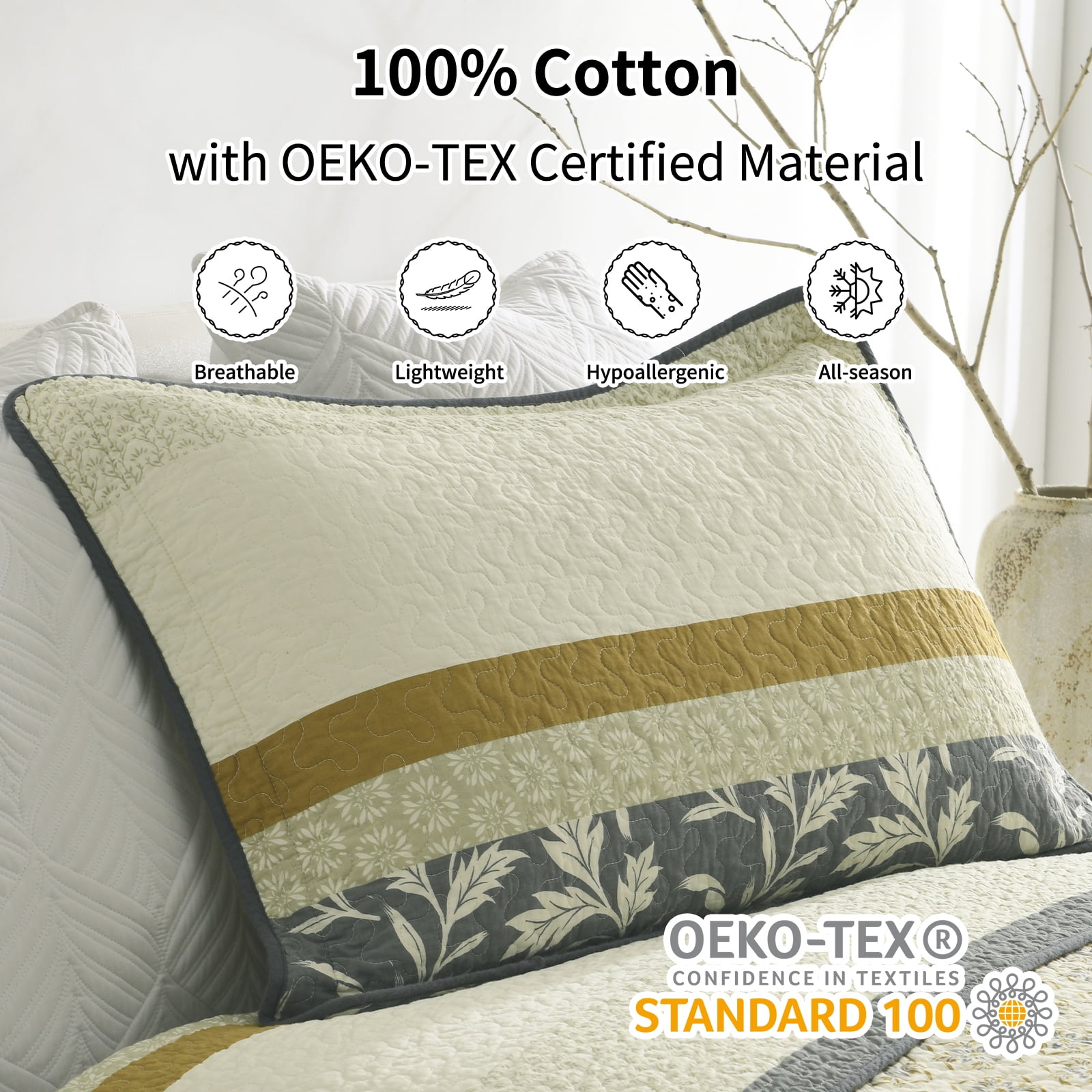 Bedduvit Floral King Quilt Sets - 100% Cotton Striped Patchwork Gray/Cream/Yellow King Size Quilts, Lightweight Summer Botanical Print Reversible Bedspread, Vintage Decor Coverlet for King Bed-98x106
