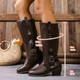 thumbnail image 2 of Brown Knee High Boots Women Wide Calf Vintage Leather Stacked Heel Zipper Strappy Long Winter Riding Booties, 2 of 6