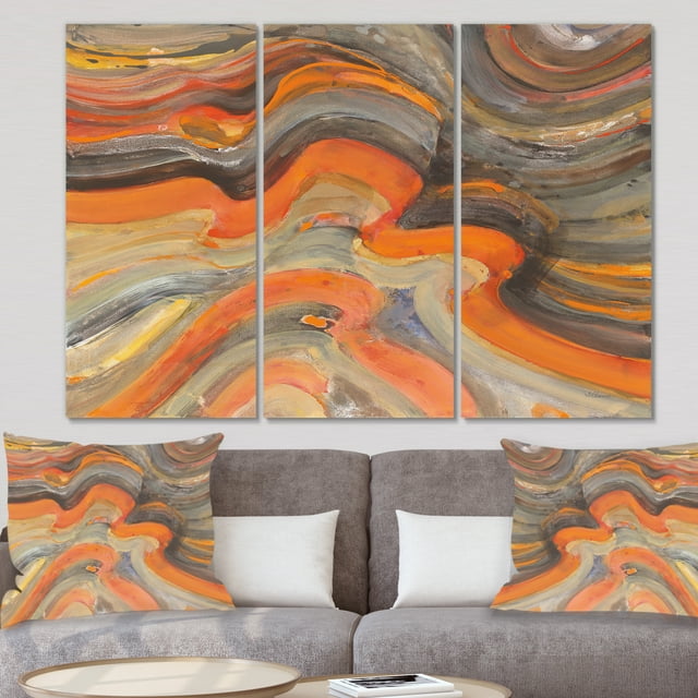 Designart - Abstract Gilded Orange Waves - Contemporary Gallery-wrapped Canvas