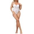 thumbnail image 2 of INSPIRE CHIC Women's Mesh Lace Bodysuit Sheer Underwired Bustier Corset Tops Shapewear with Double Straps High Waisted Thongs Leotard S White, 2 of 5