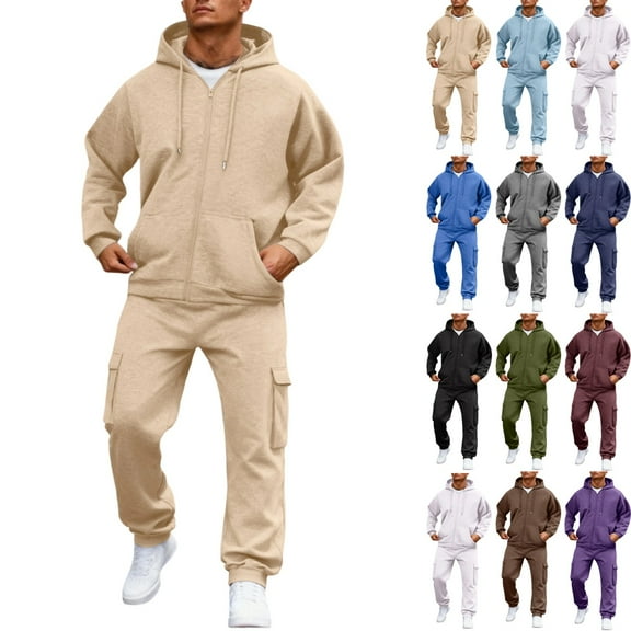 Zimjoy Mens Sweatsuit Workout Mens Track Suits 2 Piece Set Casual Winter Hoodie and Cargo Sweatpants Set Fleece Sportswear Tracksuits with Pockets, Beige L