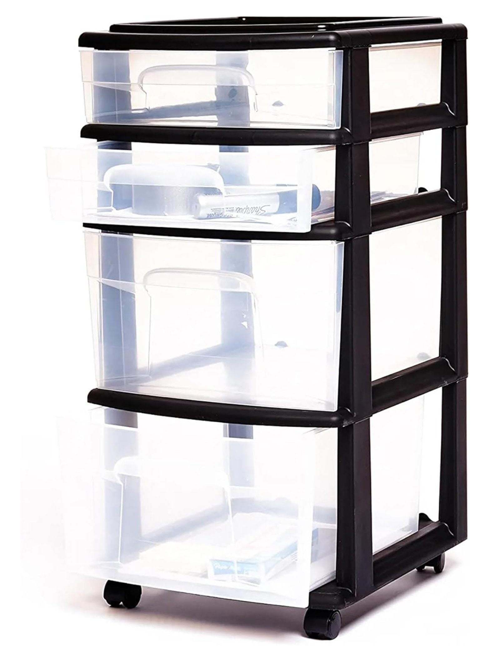 Exlonjet Plastic 4 Clear Drawer Medium Home Organization Storage Container Tower with 2 Large Drawers and 2 Small Drawers, Black Frame (2 Pack)