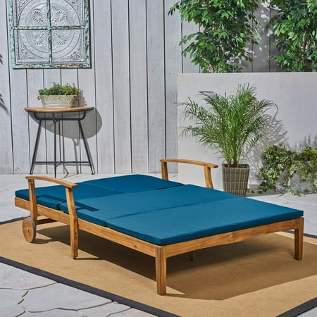 Noble House Perla Double Lounge for Yard and Patio in Teak with Blue Cushions