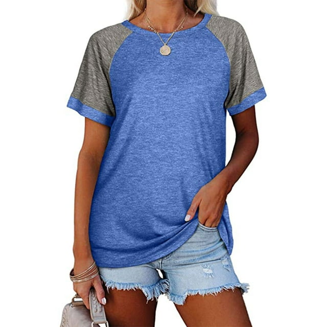 T-Shirt Femme à Manches Courtes Col Rond Ample Blouse Décontractée, Bleu, S