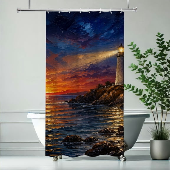 RKSupls Lighthouse Ocean Sunset Night Polyester Shower Curtain with Hooks for Chic Elegant Waterproof Shower Curtain Home Bathtub Bathroom Decor Washable