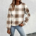 thumbnail image 2 of Christmas Plaid Printed Sweatshirts for Women Trendy Round Neck Long Sleeve Drop Shoulder Pullover Tops Ladies Casual Work Stylish Outfits Xmas Holiday Clothes Khaki XL, 2 of 4