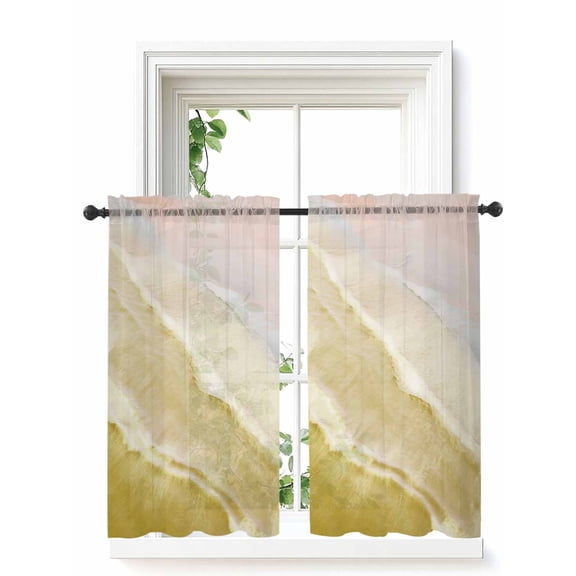 Yellow Coastal Wave Curtains 54 Inch Length, Sheer Curtains for Bedroom Living Room Window Summer Modern Ocean Beach Rod Pocket Voile Drapes Kitchen Curtains Small Half Window 42"x54" 2 Panels