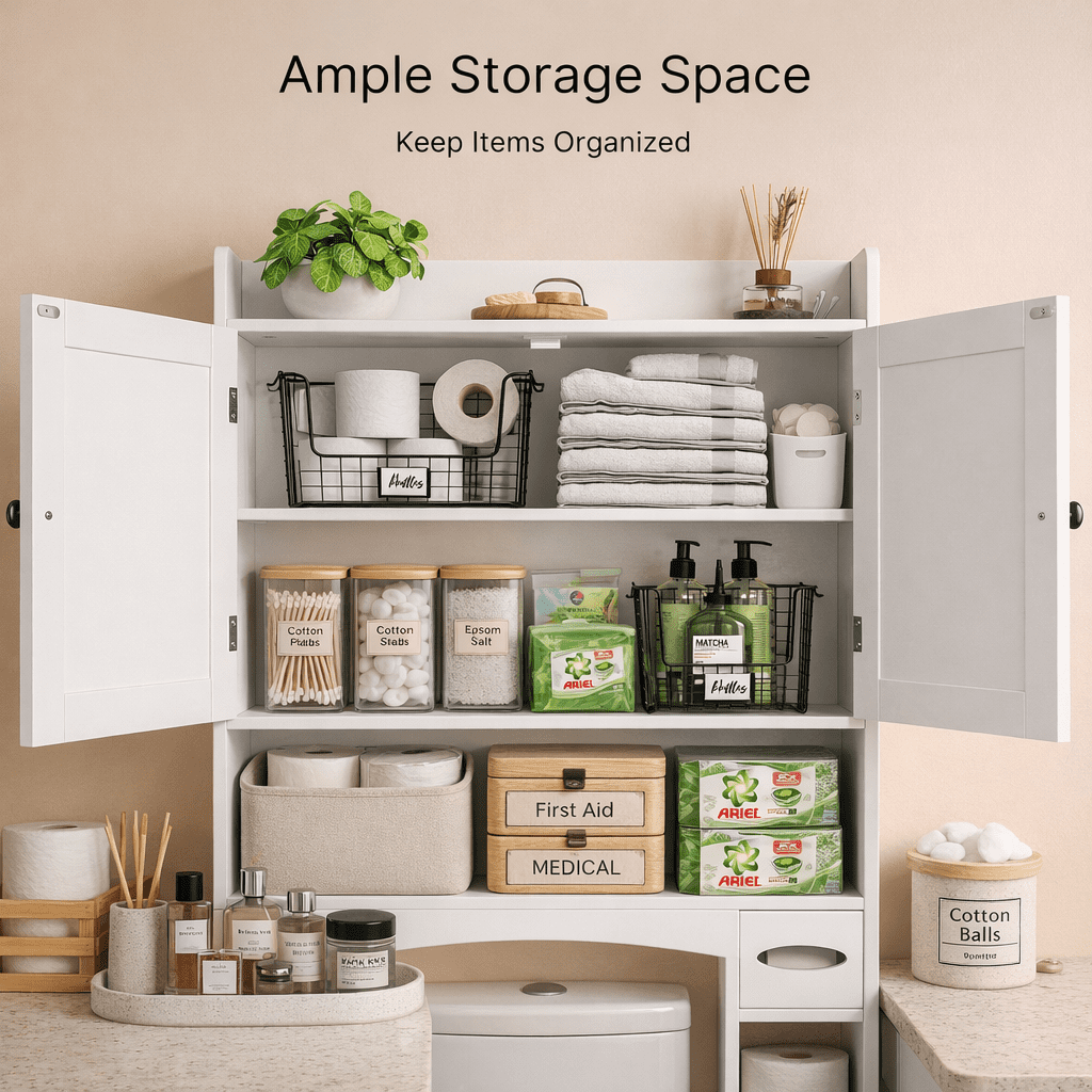 Aiho 70.3" Tall Over the Toilet Storage Cabinet, Bathroom Organizer Above Toilet with Adjustable Shelves & 2 Side Hooks, Space Saver for Bathroom, Laundry, White