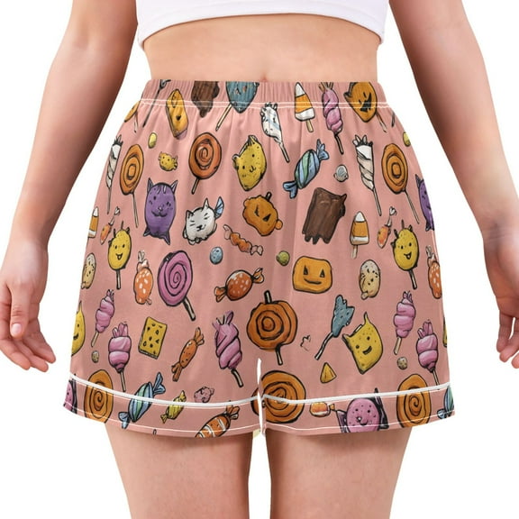 Women's Silk Pajama Shorts Halloween Candy Pajama Shorts Women's Casual Pajama Shorts with Pockets