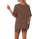 thumbnail image 3 of Pijamas para mujeres INSPIRE CHIC de 2 piezas, camiseta de cuello en V oversized, traje de entrenamiento reversible, camisetas, pantalones cortos de ciclista, conjunto de lounge XL color café, 3 of 5