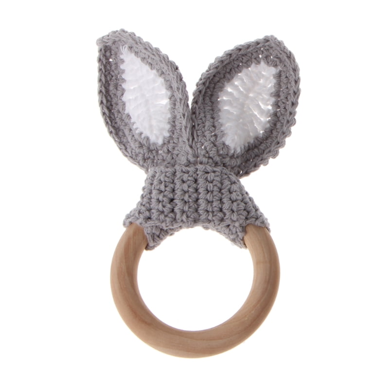 Baby Girl Boy Teething Ring Chewable Teether Wooden Natural Bunny Rattle Toy 