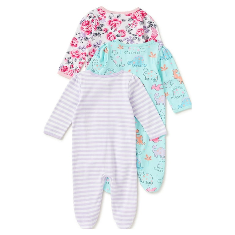 Wonder Nation Newborn Baby Girl Sleep and Play Pajamas, 3-Pack, Preemie-6/9  Months