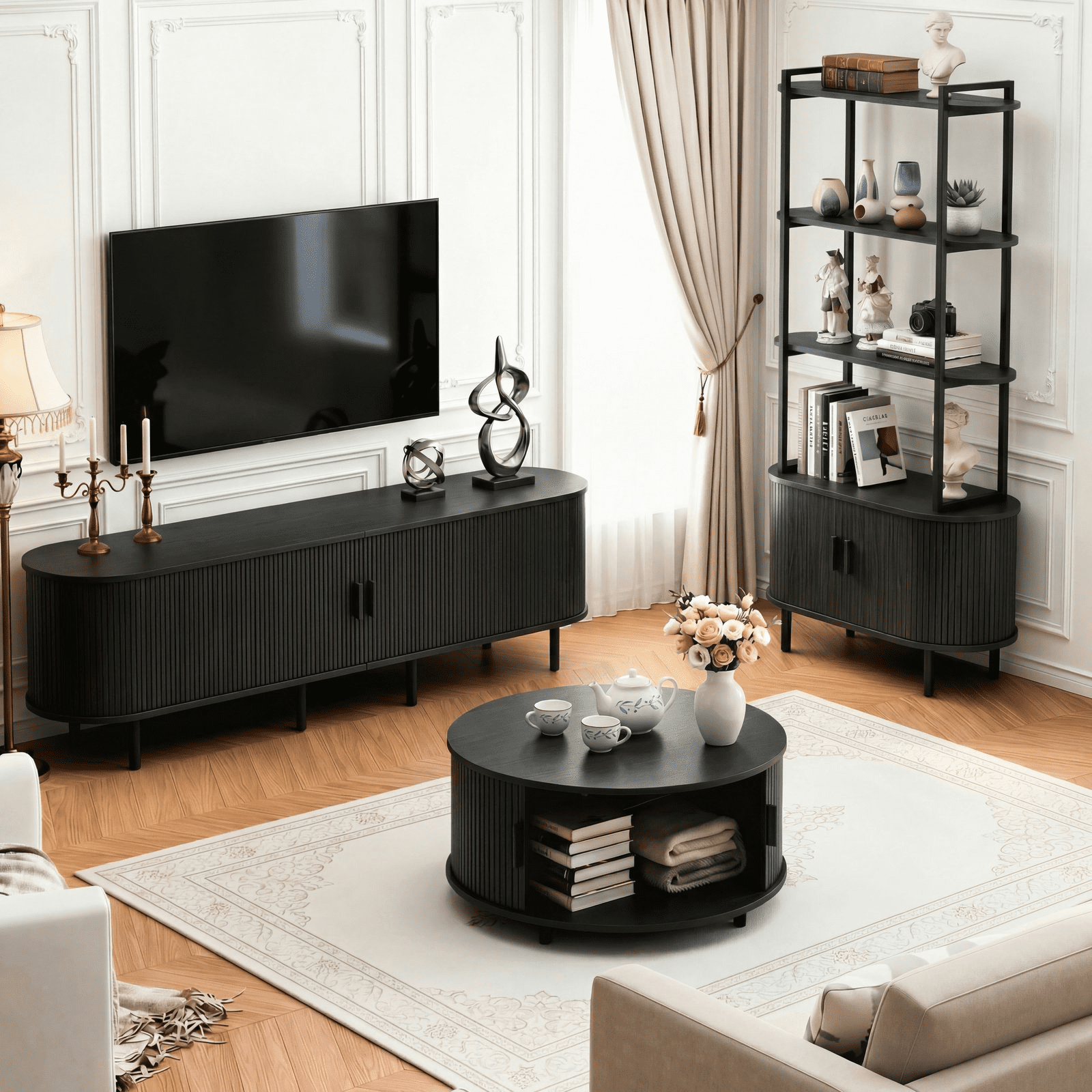 ROGALIS 86.6-Inch TV Stand with Built-in Power Outlet, Compatible with TVs Up to 90 Inches, Modern Entertainment Center with Adjustable Shelves, Storage Space, and Sliding Doors, Black