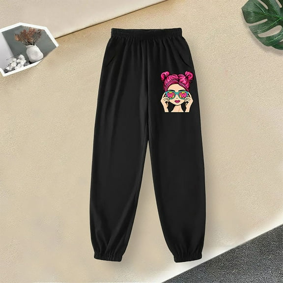 Hicidod Girls' Sweatpants Cute Graphic Print Full Length Active Kids Joggers Pants High Waisted Casual Sweat Pants with Pockets