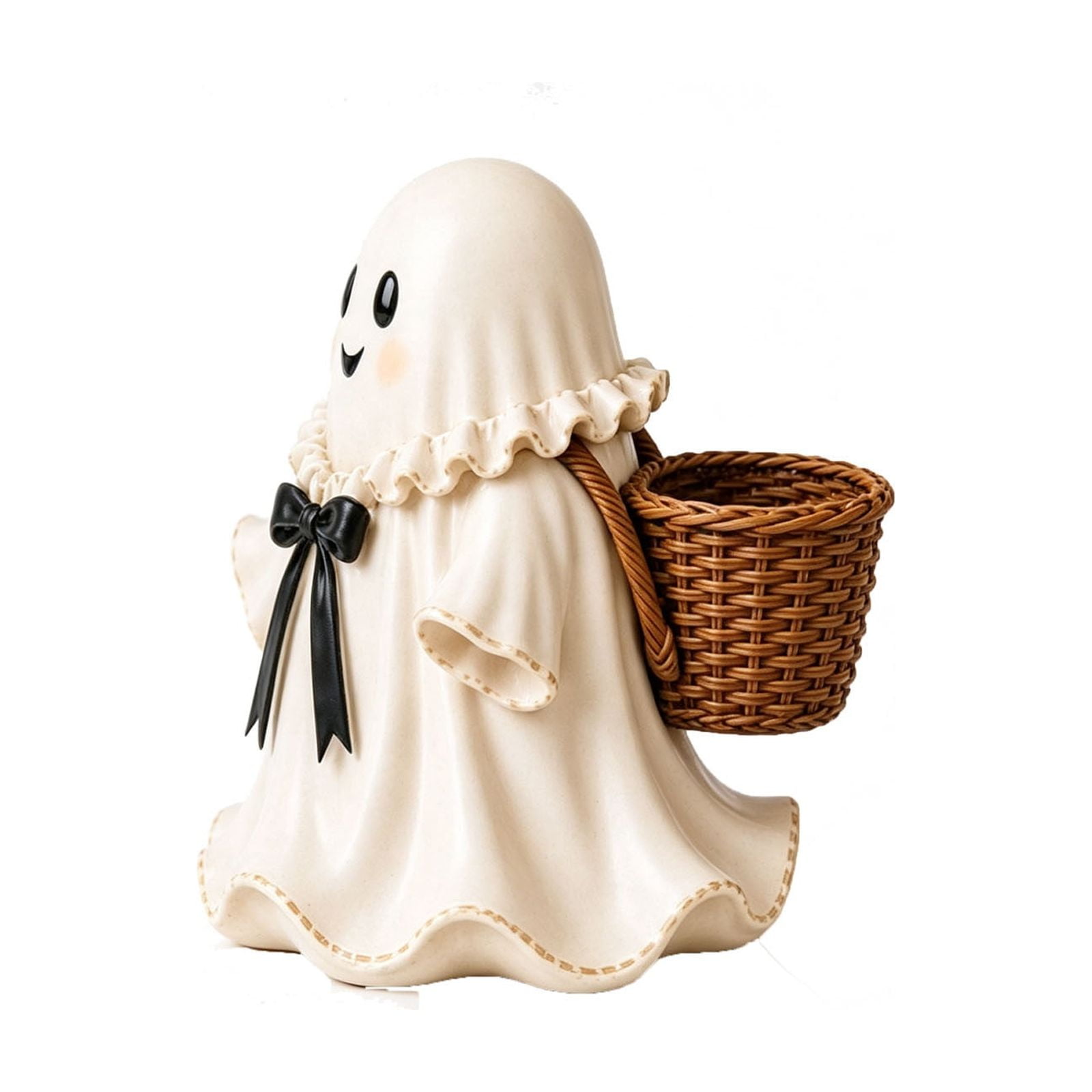 Halloween Ghost Basket Figurine Resin Ghost Candy Holder with Storage Basket Cute Halloween Tabletop Decoration for Desk Shelf Mantel Party Fall Home Decor