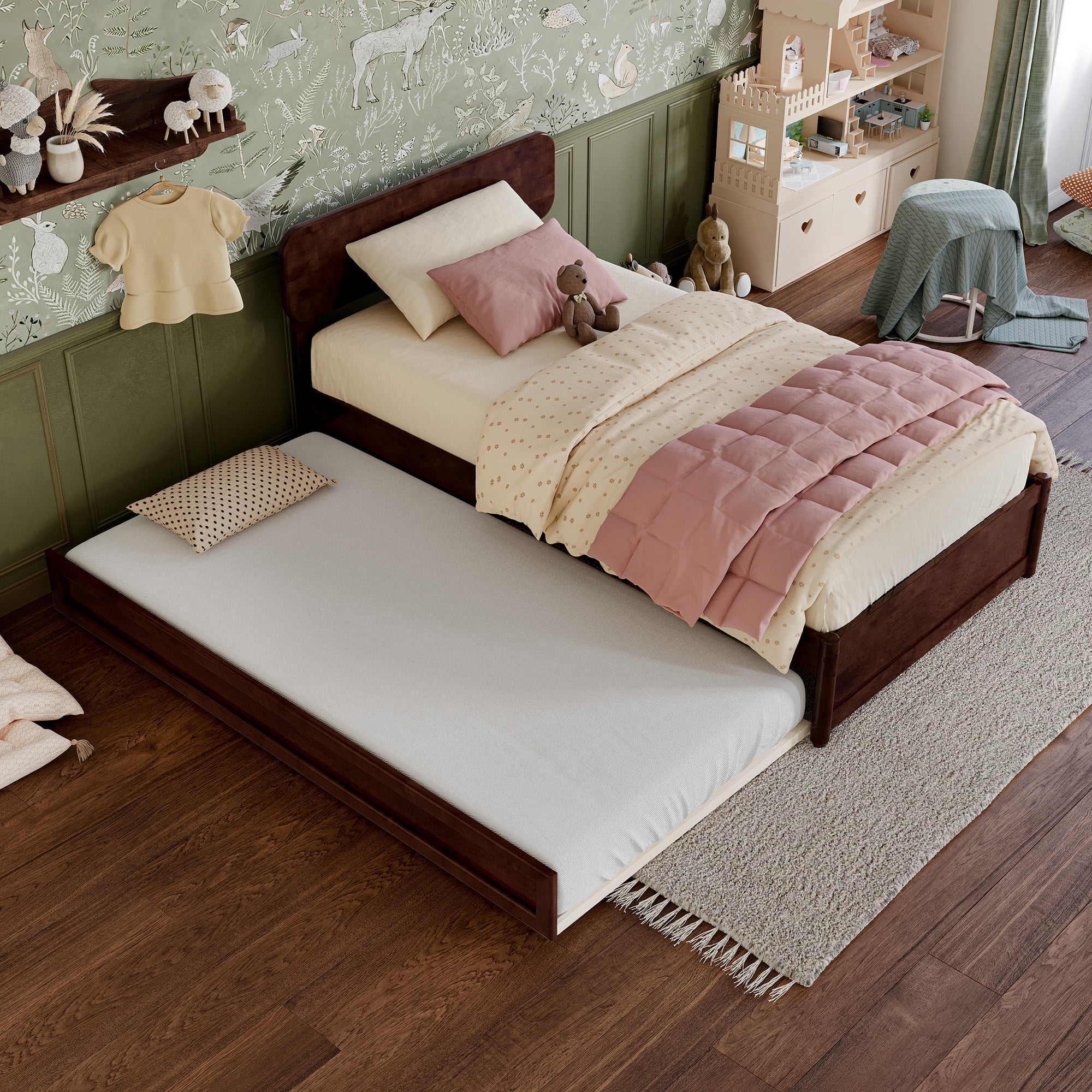 AFI Capri Twin Solid Wood Platform Bed with Panel Footboard and Twin Trundle, Walnut