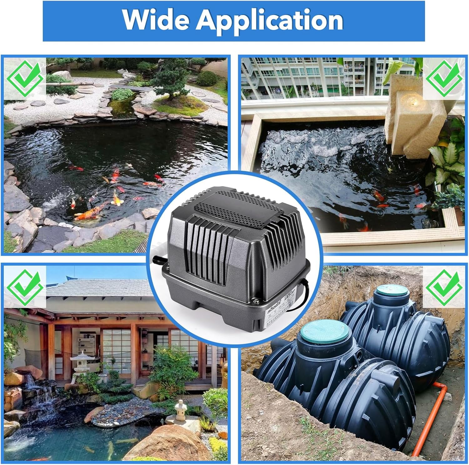 Linear Air Pond Pump, 855 GPH, Pond Aerators for Outdoor, Up to 10000 Gallons, with 8 Pcs Air Stones, for Fish Tank Koi Aquarium