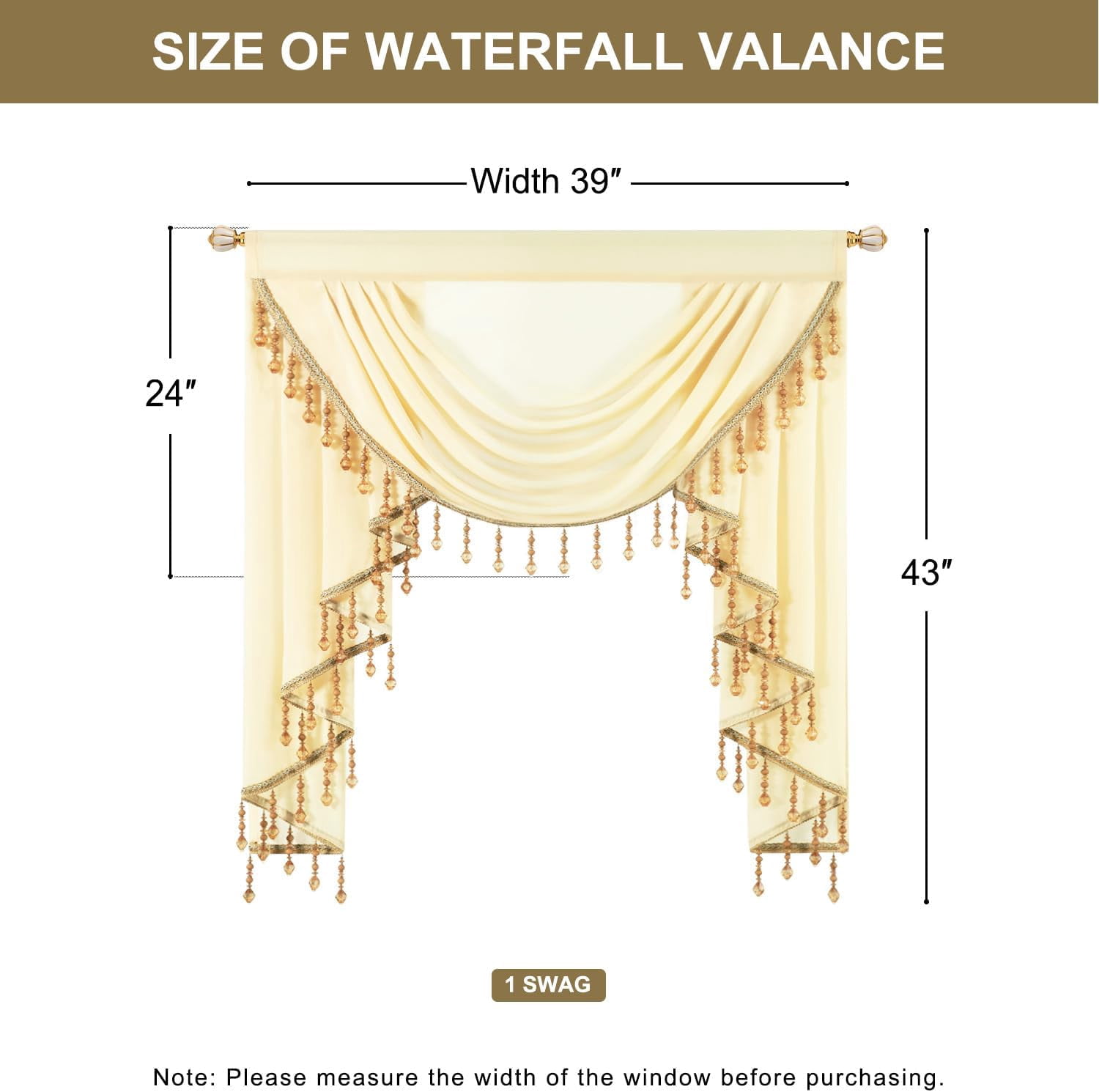 Luxury Sheer Valance with Beaded Tassels - Vintage White Waterfall Swag Window Curtain for Bedroom & Living Room, Decorative Short Drapes, 39 Inches Wide, 1 Panel