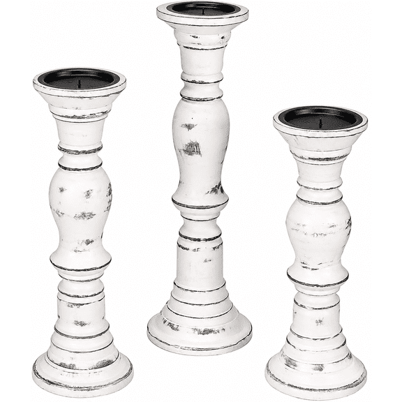 The Wooden Town White Wood Candle Holder Set, Set of 3