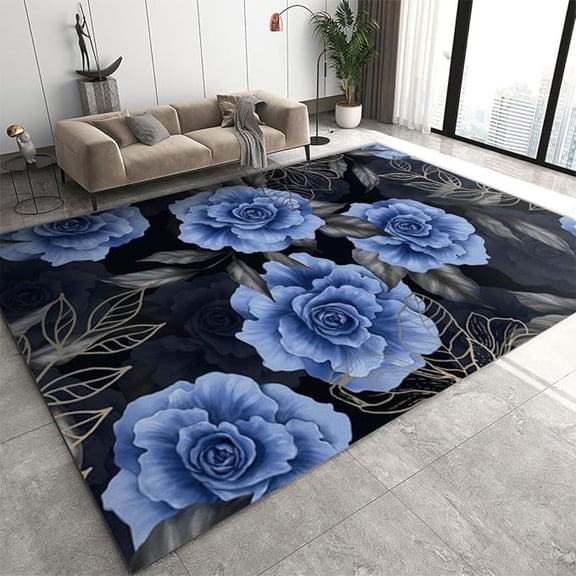 Blue Flowers Area Rug, Black Background Plants Rugs For Living Room, Low Pile Machine Washable Non-Slip Carpet For Bedroom Dining Room Farmhouse Decor Floor Mat 3x4ft