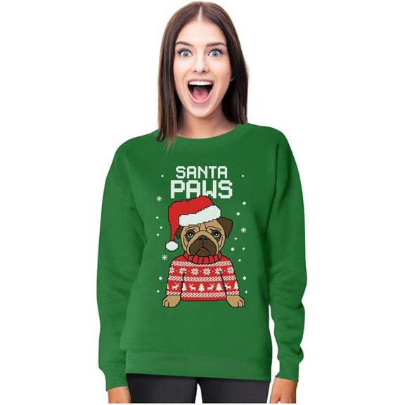 Tstars Womens Christmas Sweatshirt Gift for Dog Lover Pug Fans Santa Paws Holiday Shirt Xmas Party