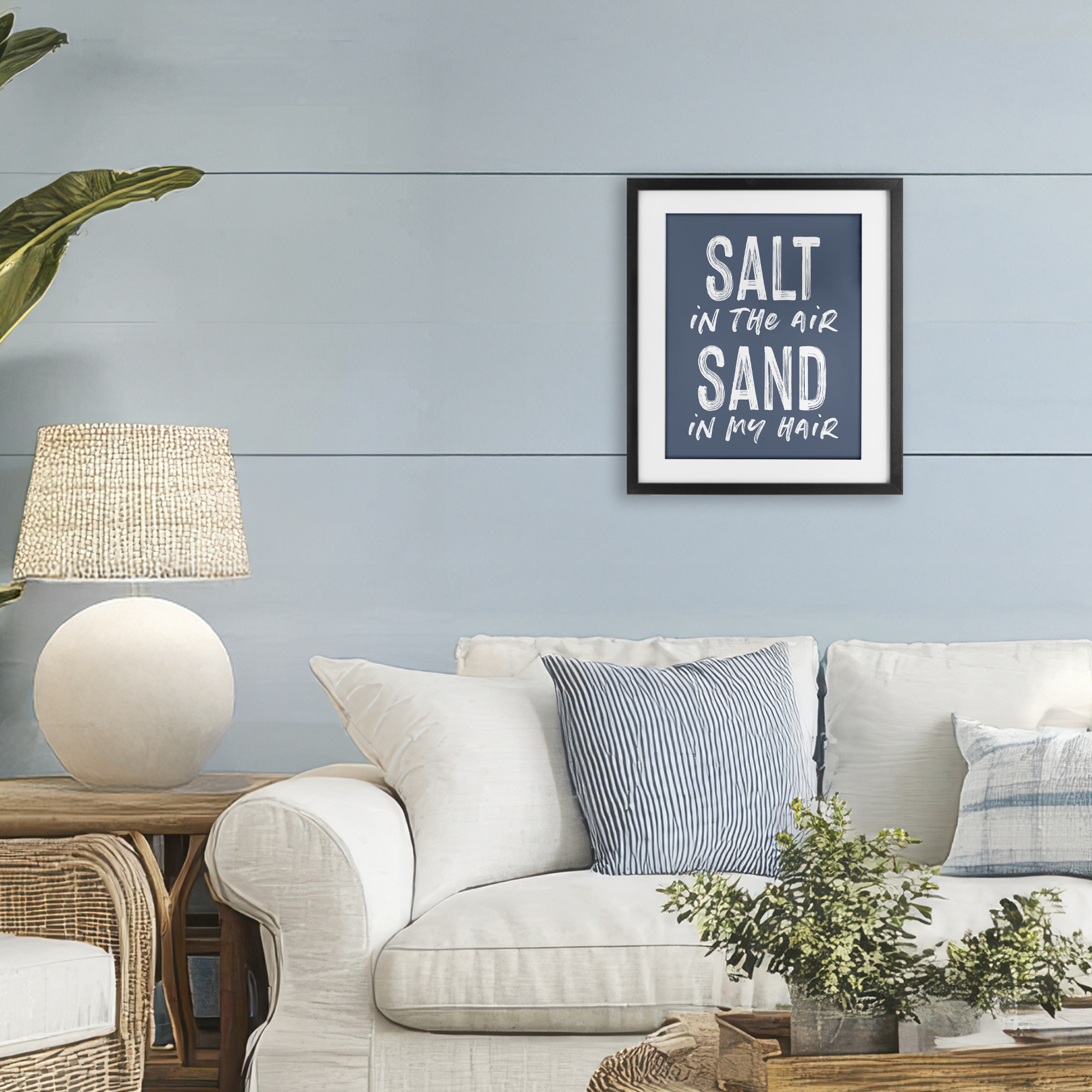 Summer Sentiment Salt Sand In Hair Black Framed Print Under Glass, design by Lettered and Lined