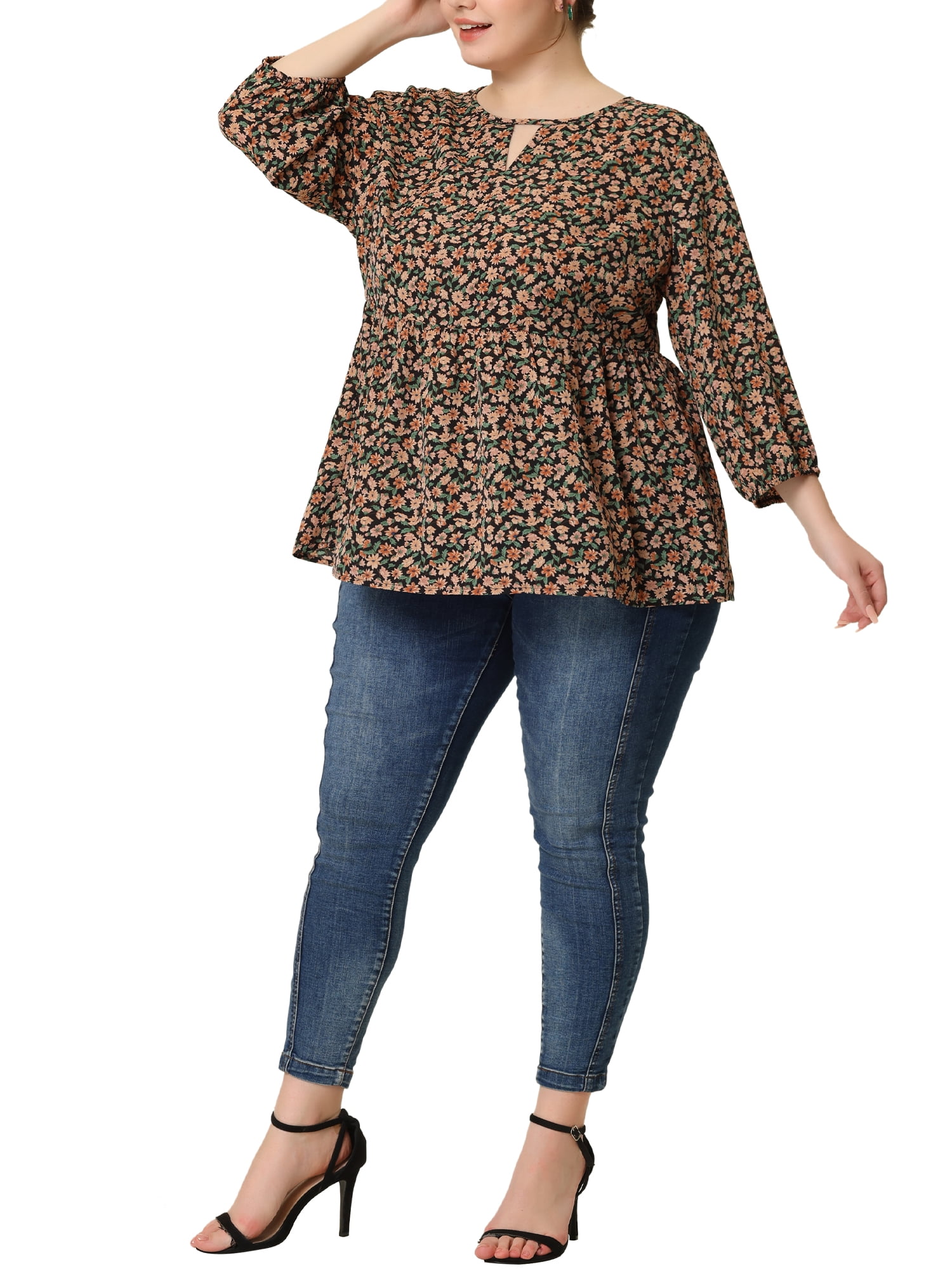 Unique Bargains Women's Plus Size 3/4 Sleeves Chiffon Keyhole Floral Tops 4X Black Beige