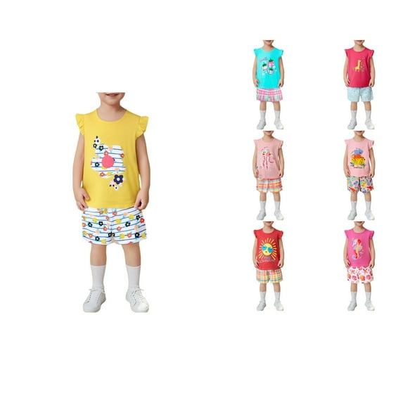 Ahuyic Summer Boys Girls 2 Piece Outfits,Toddler Kids Casual Clothing Set,Toddler Kids Boys Girls Fashion Solid Color Soft Short Sleeve Top Shorts Home Wear Suit,Yellow,3 Years