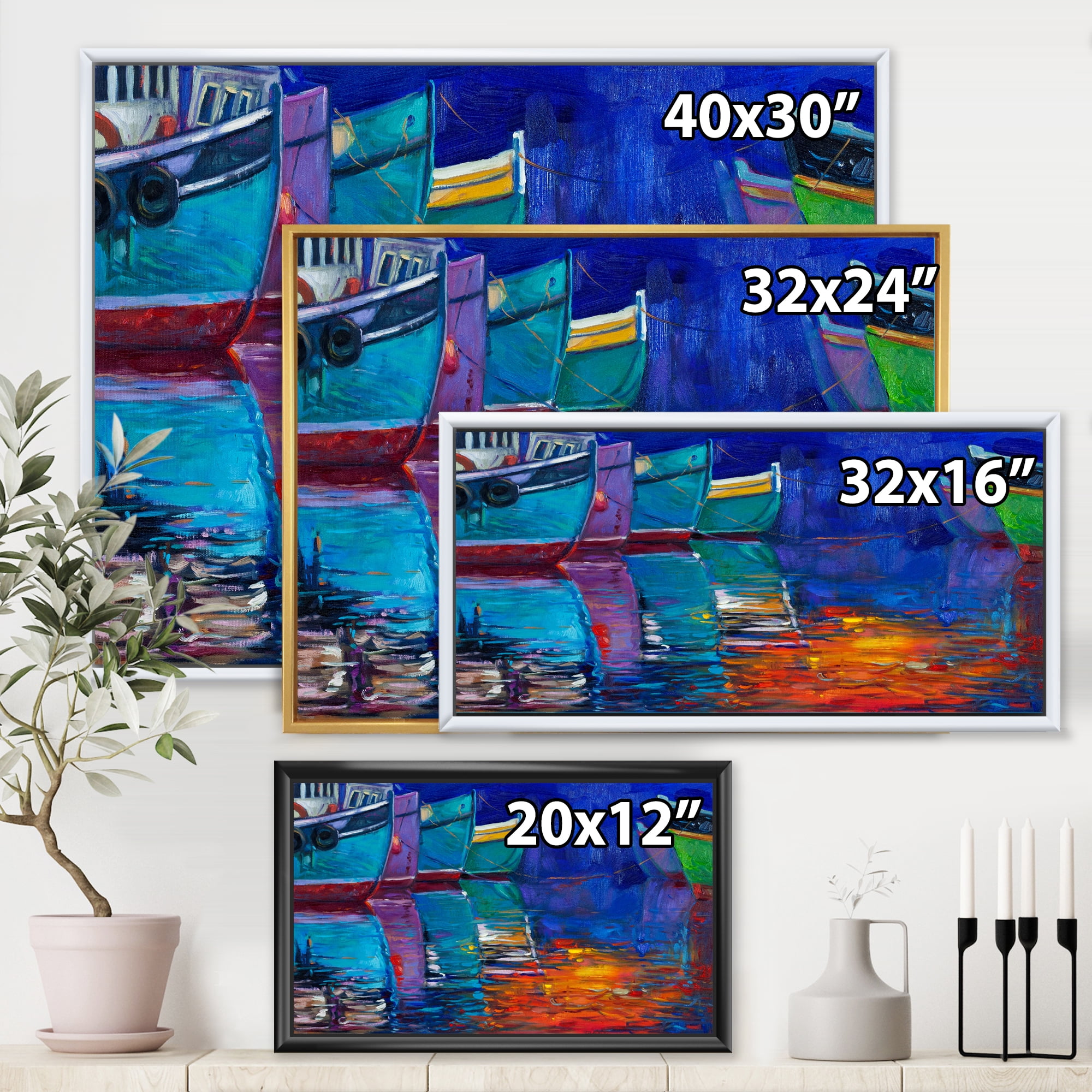 Designart 'Boats During Warm Sunset Resting On The Water I' Nautical & Coastal Framed Canvas Wall Art Print